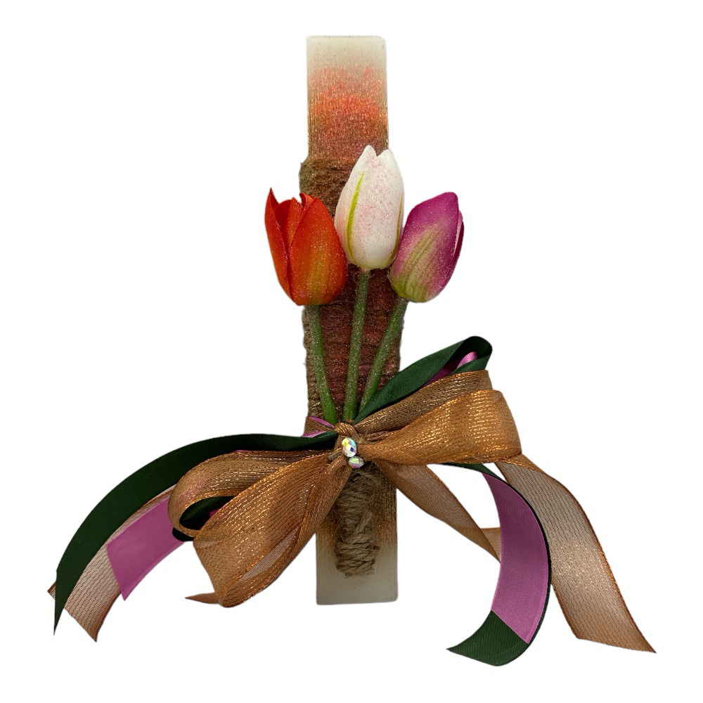 papell.grΧειροποίητη λαμπάδα μπουκέτο λουλούδια τουλίπεςpapell.gr