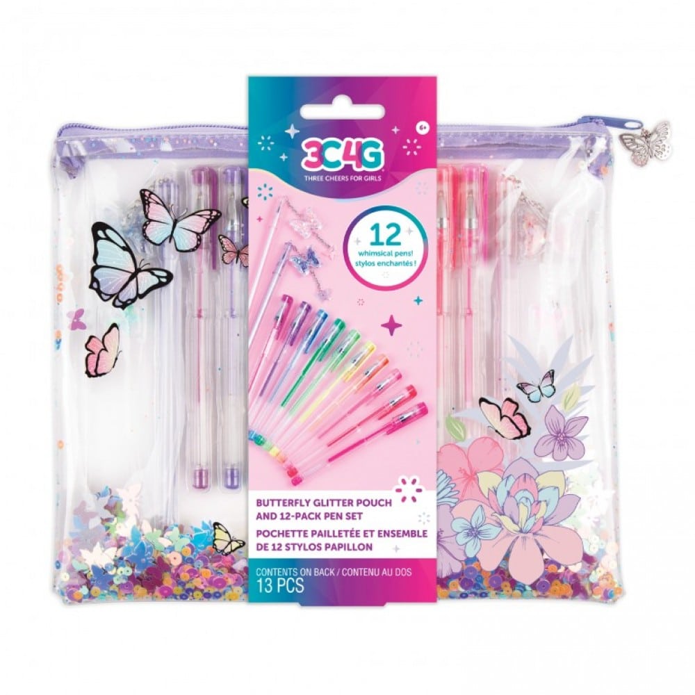 Make It Real 3C4G Butterfly Glitter Pouch And 12Pk Pen Set