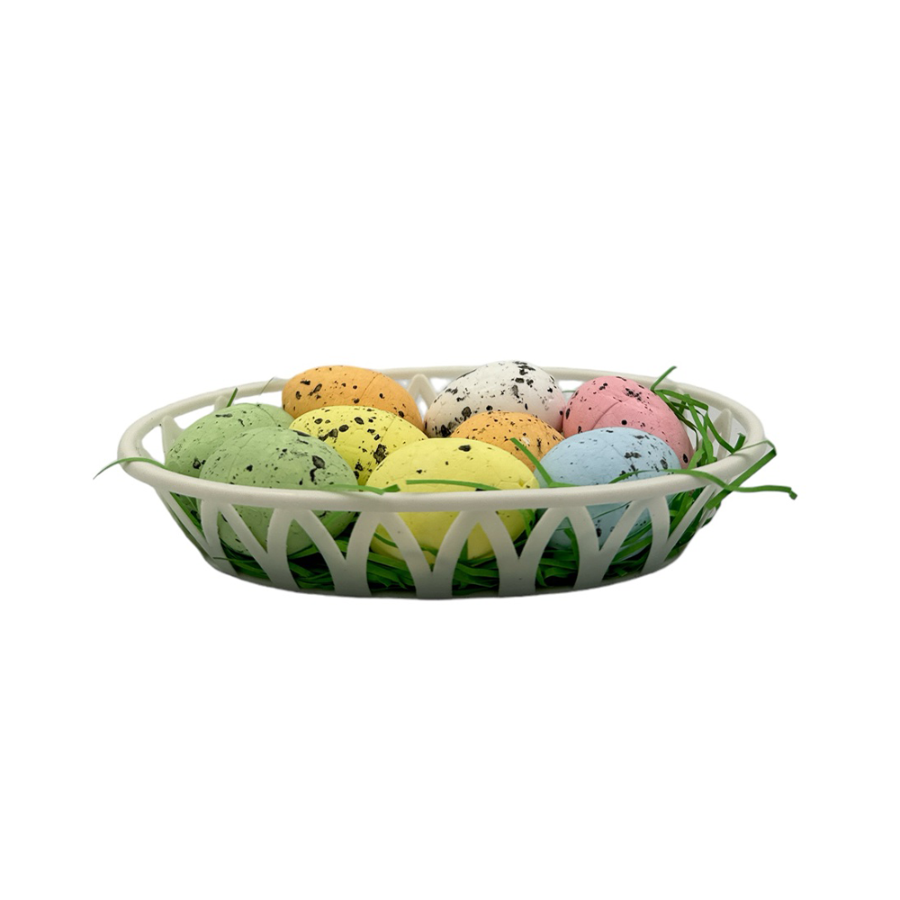 Καλαθάκι πλαστικό οβάλ με χόρτο και 9 πολύχρωμα αυγά.