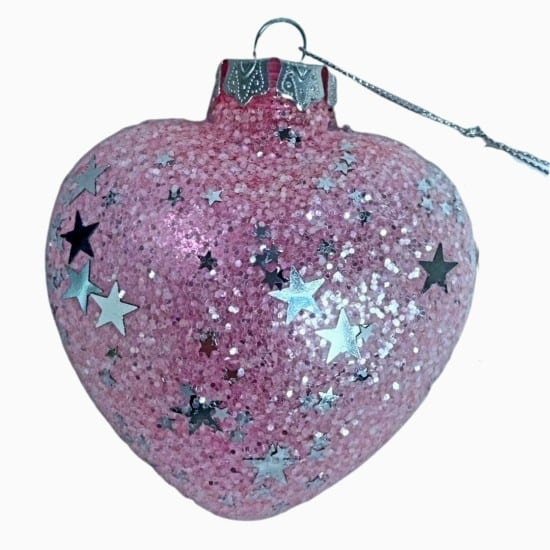 Χριστουγεννιατικο Στολιδι Δεντρου Καρδια Ροζ Glitter Ασημι Αστερια 8Χ9Cm