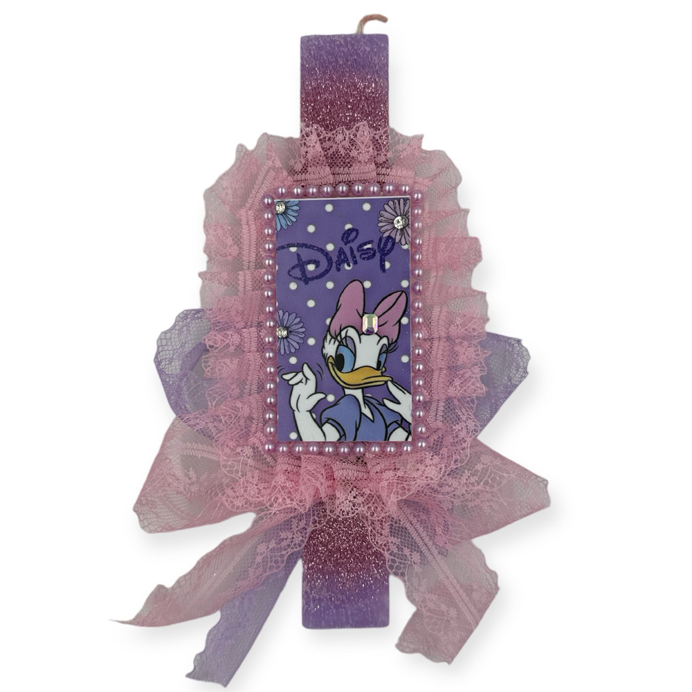 papell.grΛαμπάδα χειροποίητη πλακέ αρωματική Daisy καδράκι μωβ δαντέλα 26 εκpapell.gr