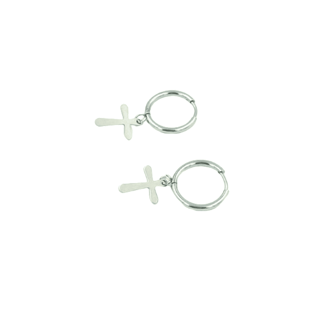 Κρικακια Stainless Steel Με Κρεμαστο Σταυρο Ασημι Φ1.5Cm