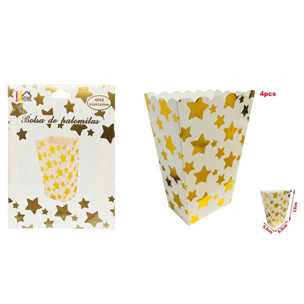 papell.grΧαρτινο Κυπελλακι Ποπ Κορν  Λευκο Με Χρυσα Αστερια 9.5Χ6.5Χ13 Εκ 4 Τμχpapell.gr