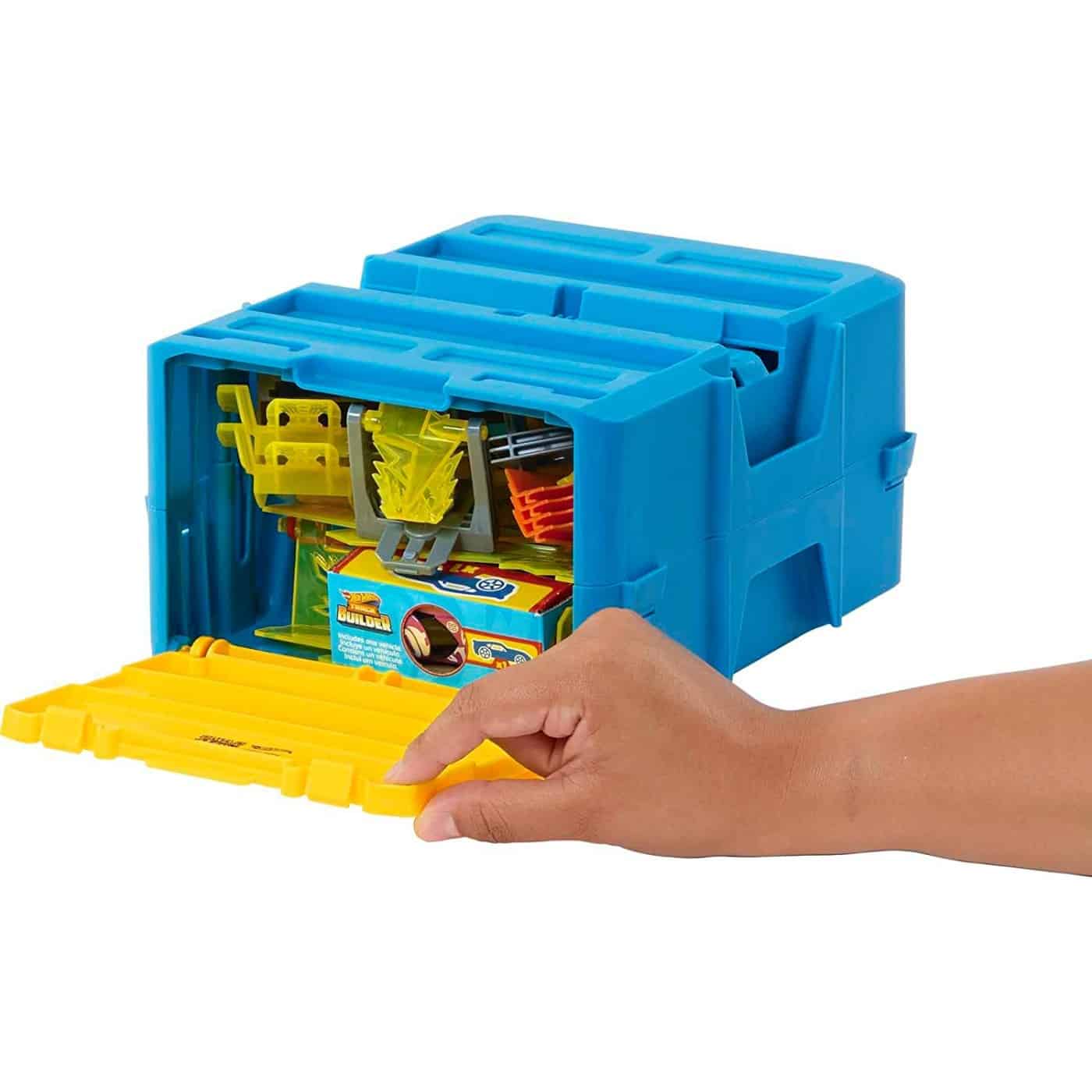 Mattel Hot Wheels Track Set With 1 Car, 12 Boosting Components, Stackable Toy Storage Box, Lightning-Themed Builder