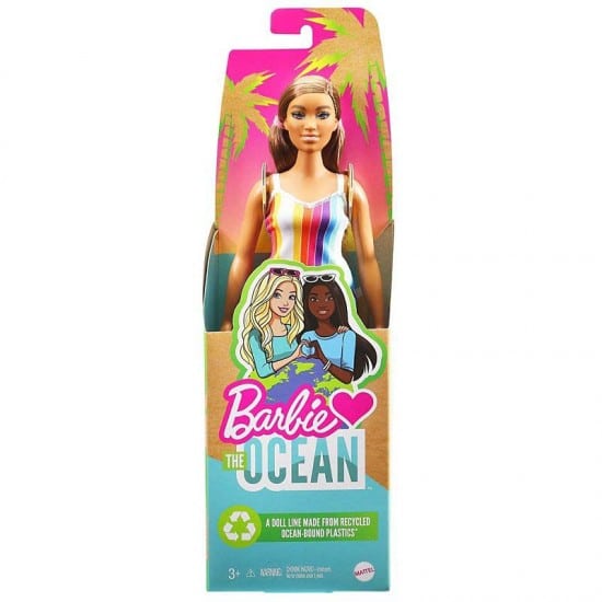 Barbie Loves The Planet- The Ocean Brown Hair Rainbow Stripes Dress