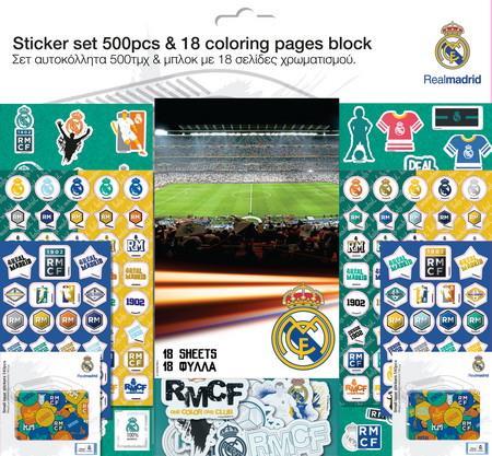 Real Madrid Σετ Αυτοκολλητα 500Τμχ &Amp; Μπλοκ Με 18 Σελιδες Χρωματισμου