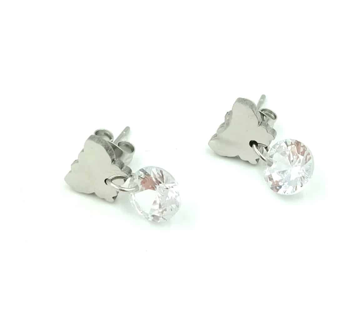 Σκουλαρικια Κρεμαστα Stainless Steel Πεταλουδιτσα Χρυσο- Ασημι Με Πετραδι