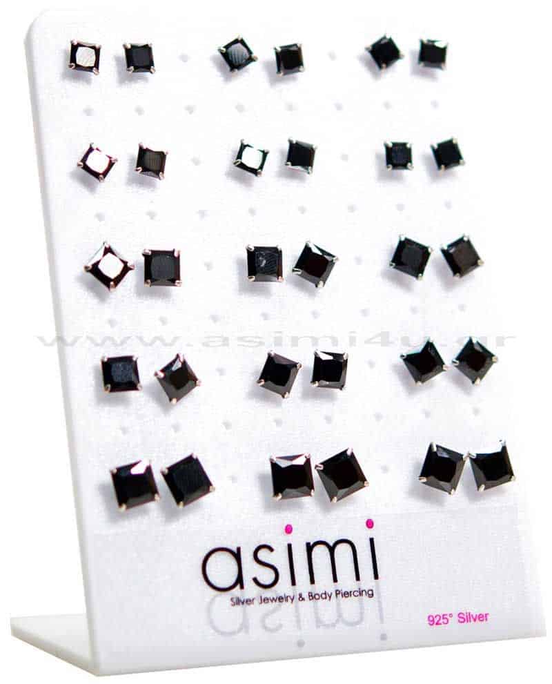 Ασημενιο Σκουλαρικι Τετραγωνο Μαυρο Ζιρκον 5-6-7 Μμ