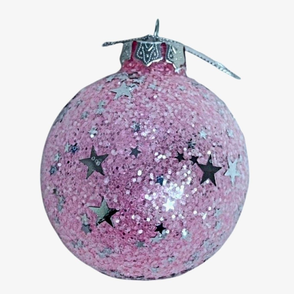 Χριστουγεννιατικη Μπαλα Δεντρου Ροζ Glitter Ασημι Αστερια