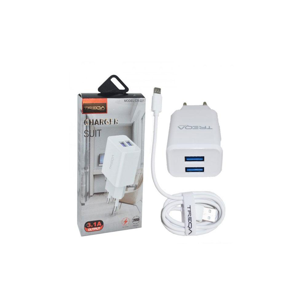 TREQATreqa Φορτιστής CS-221 Wall Charger 3.1 A Set With 2 Usb Port+Type C Cable Whitepapell.gr