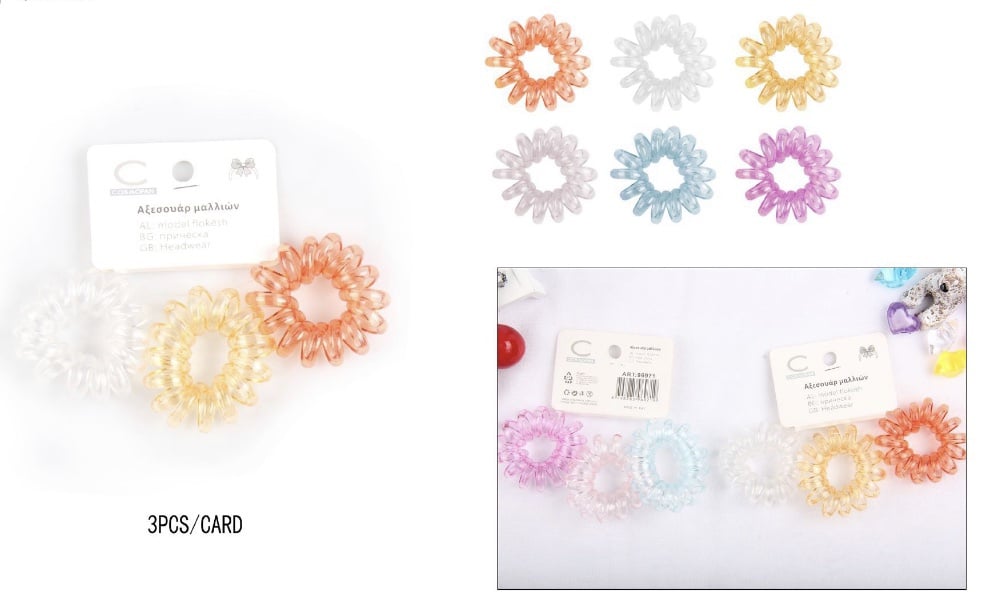 Λαστιχακια Μαλλιων Σπιραλ Διαφανα Με Χρωμα 3Τμχ