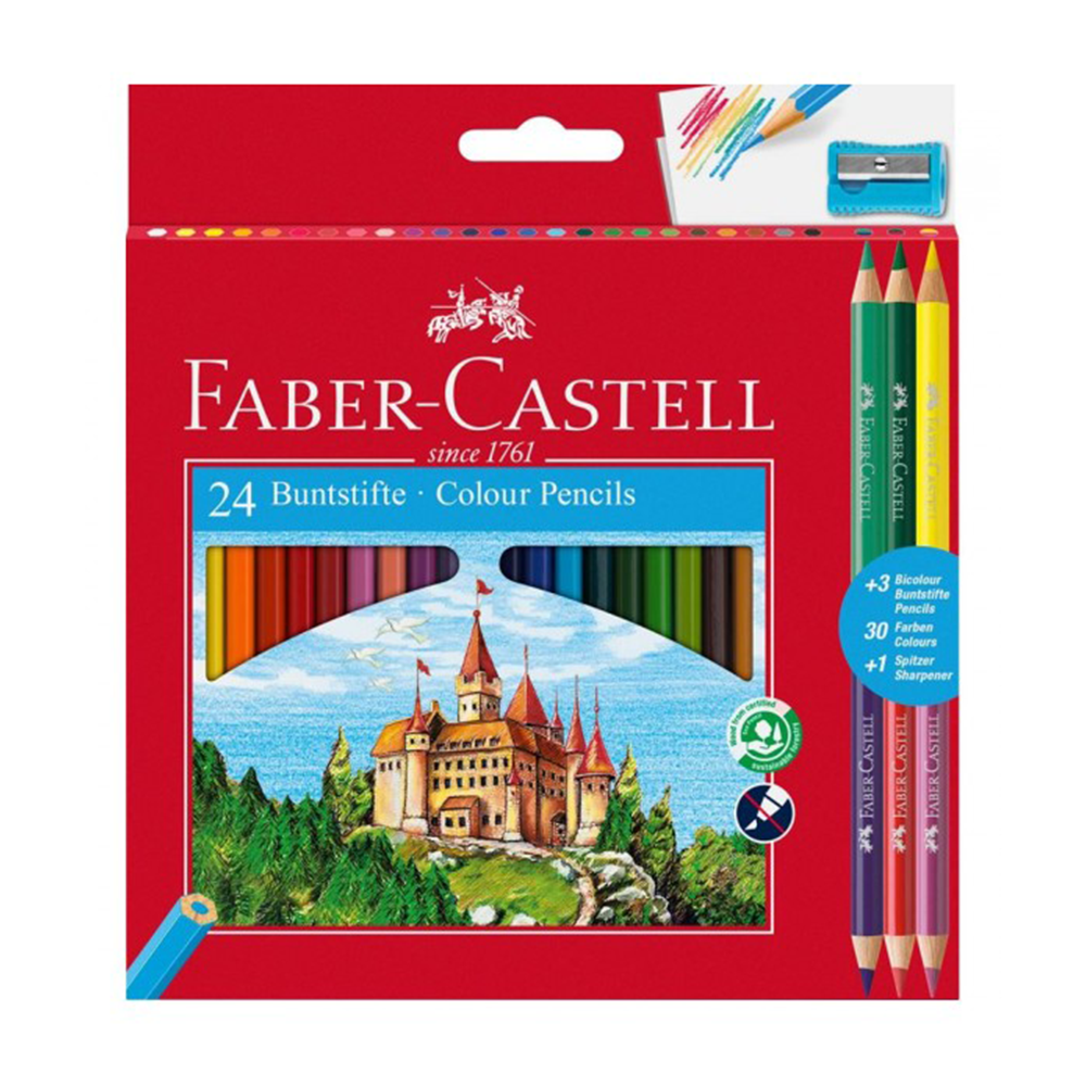 Faber-Castell Ξυλομπογιές Κάστρο Σετ 24 Χρώματα + 3 Δίχρωμες Ξυλομπογιές + Ξύστρα