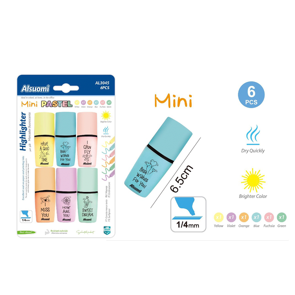 Alsuomi Mini Μαρκαδόροι Υπογράμμισης Pastel 6 Χρώματα – Σετ 6 Τμχ