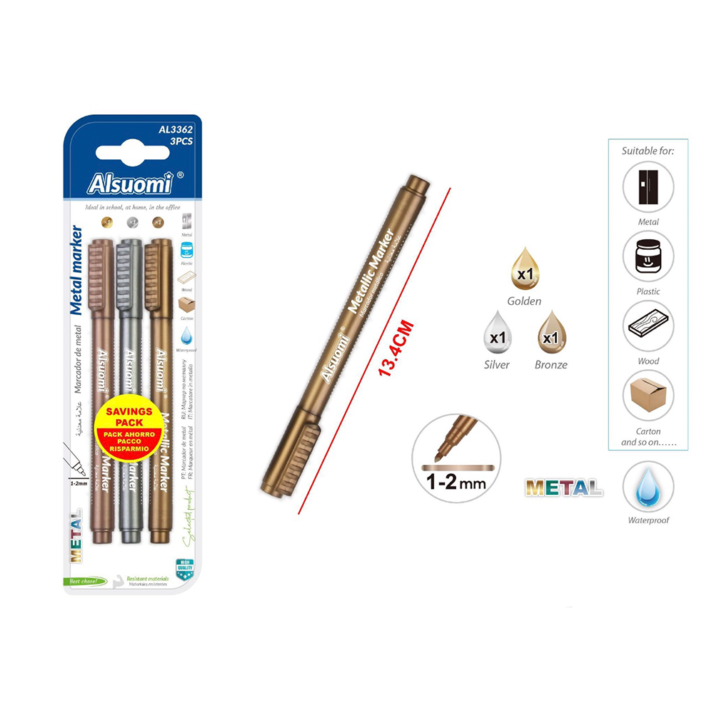 Alsuomi Μαρκαδόροι Metallic (Χρυσό Ασημί Μπρονζέ) 1-2mm  – Σετ 3 Τμχ