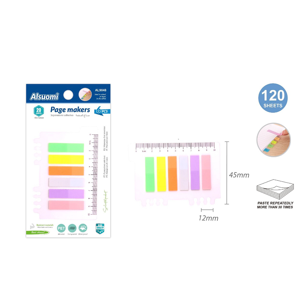 Alsuomi Σελιδοδείκτες Αυτοκόλλητοι Page Markers 45 x 12 mm – 120 Φύλλα / 6 Χρώματα