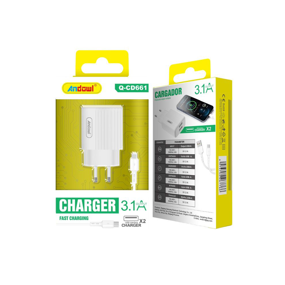 Andowl Φορτιστής 3.1A με 2 USB & Καλώδιο Type-C