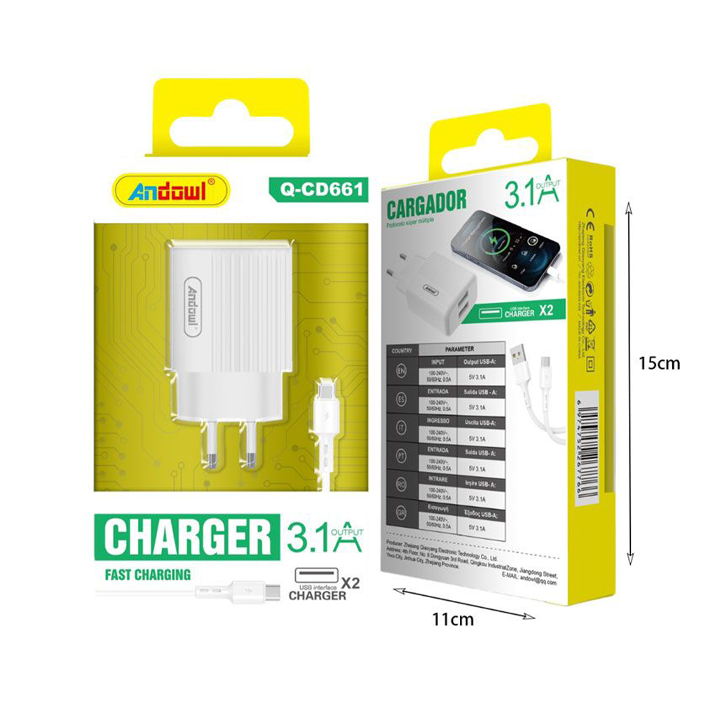 Andowl Φορτιστής 3.1A με 2 USB & Καλώδιο Type-C