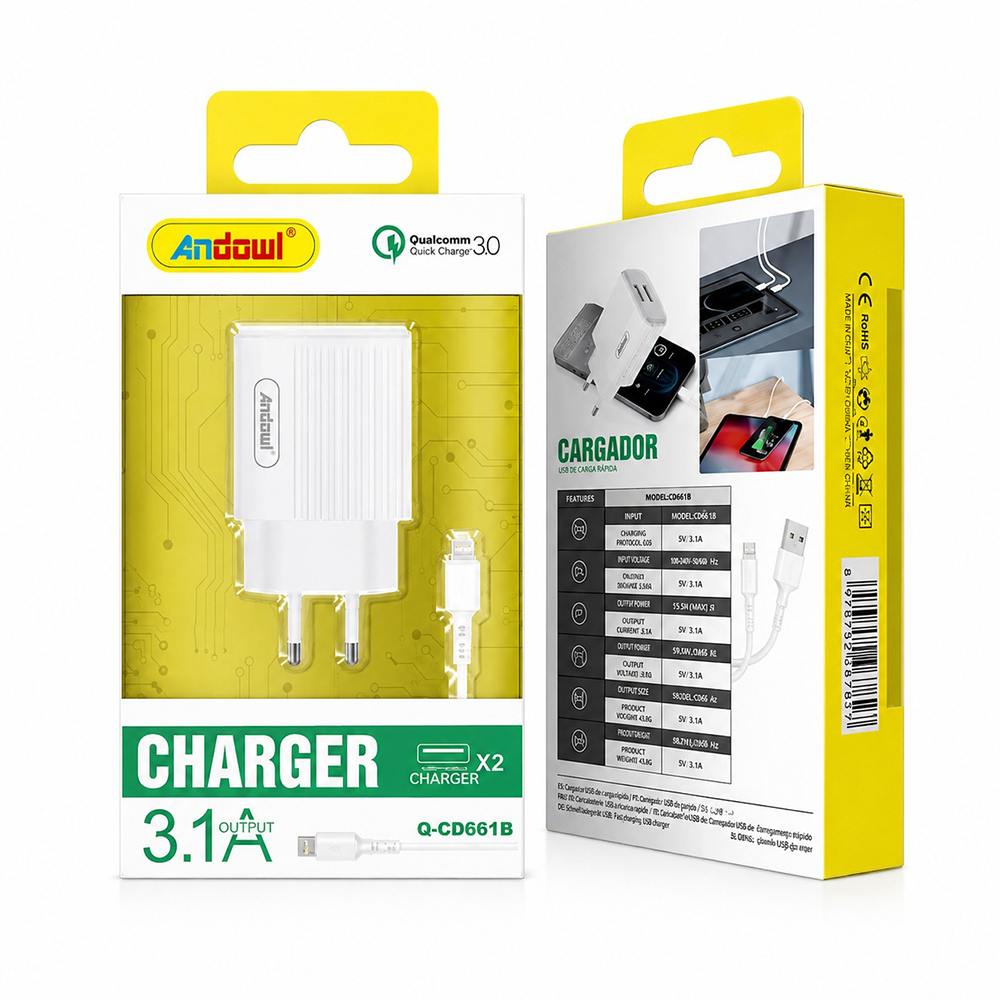 Andowl Φορτιστής με καλώδιο Lightning 3.1A