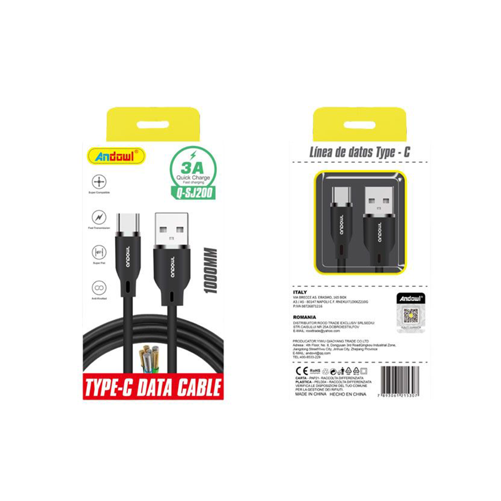Andowl Καλώδιο Δεδομένων USB σε Type-C 1m 3A