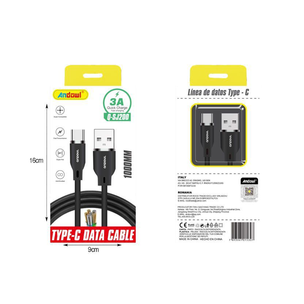 Andowl Καλώδιο Δεδομένων USB σε Type-C 1m 3A