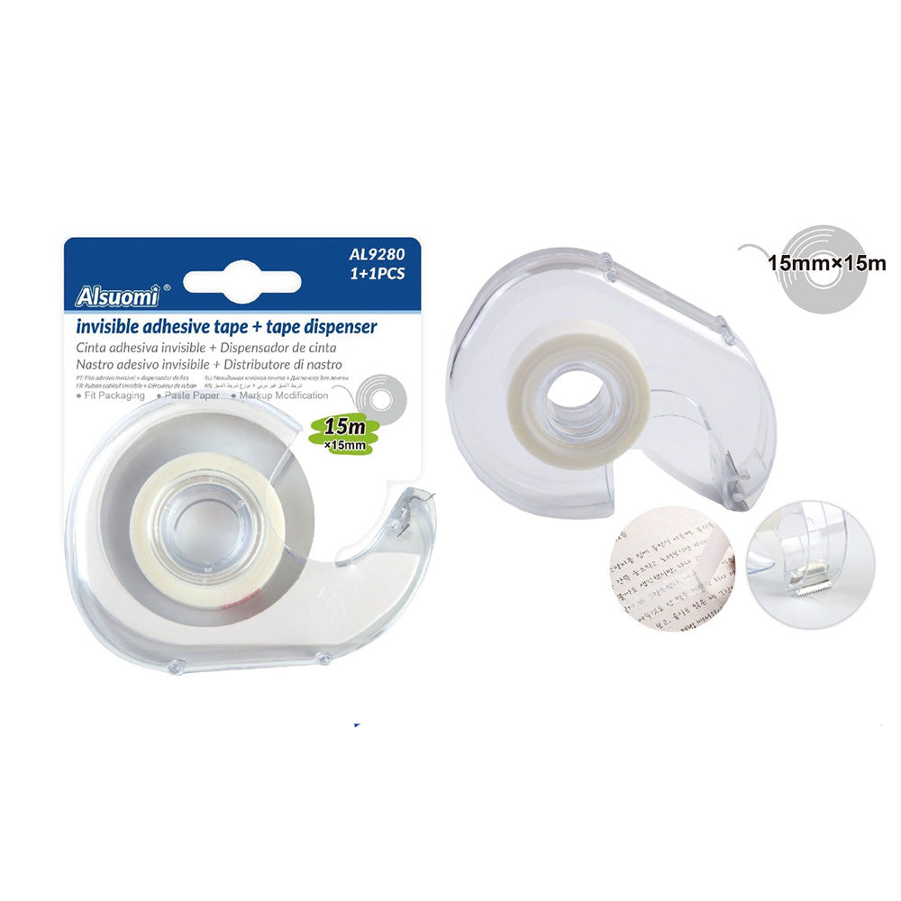 Alsuomi Αόρατη Κολλητική Ταινία 15mm x 15m με Βάση Dispenser Σετ 2 Τεμαχίων