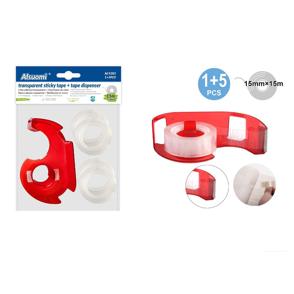 Alsuomi Διάφανη Κολλητική Ταινία 15mm x 15m με Βάση Dispenser Σετ 6 Τεμαχίων (1+5)