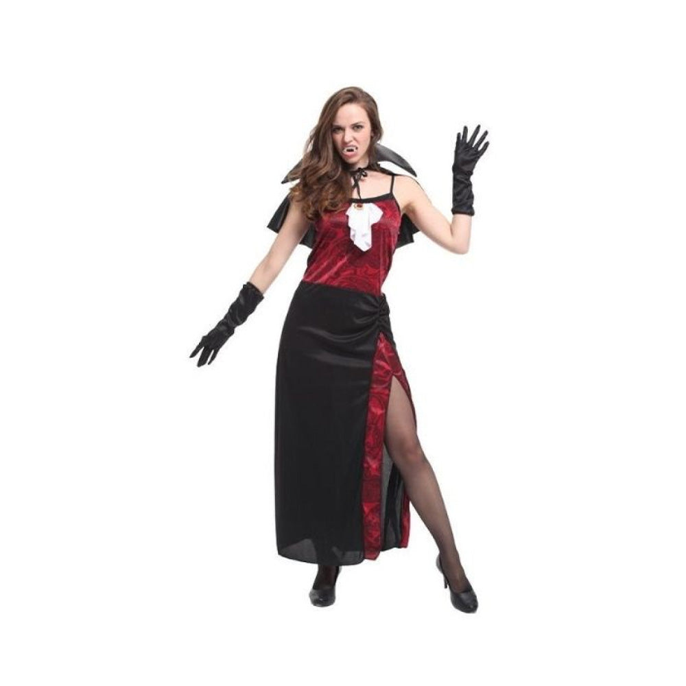Αποκριάτικη Γυναικεία Στολή Βαμπίρ Μαύρο-Κόκκινο με Φόρεμα, Μπέρτα, Γάντια & Μασέλα