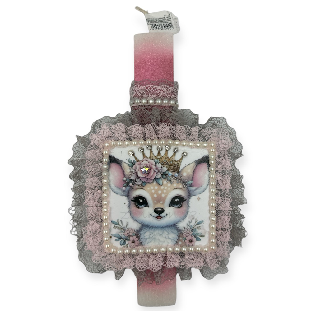 papell.grΛαμπάδα χειροποίητη πλακέ αρωματική ελαφάκι καδράκι ροζ- γκρι δαντέλα 26 εκpapell.gr