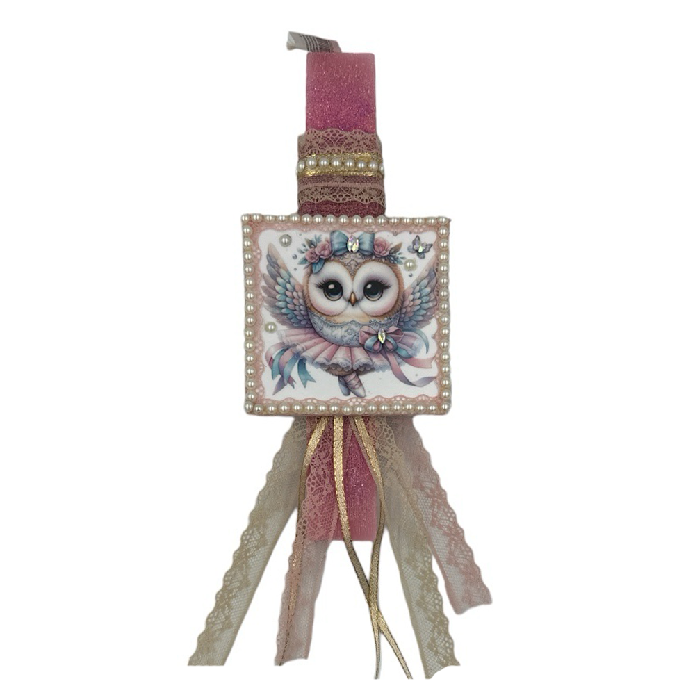 papell.grΛαμπάδα χειροποίητη πλακέ αρωματική Κουκουβάγια σε καδράκι με πέρλες και στρας 26 εκpapell.gr