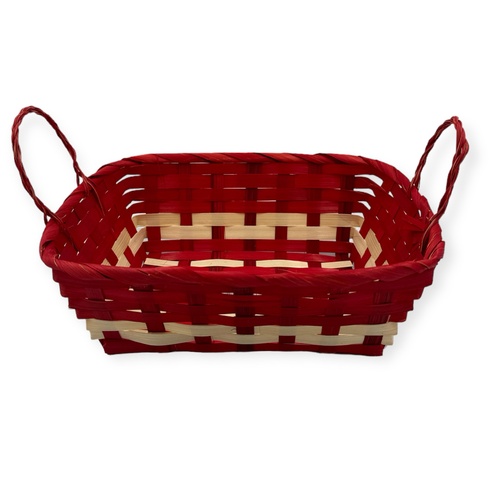 Πασχαλινό καλάθι ψάθινο με χερουλάκια σε κόκκινο και  μπέζ χρώμα 27χ10χ19 εκ