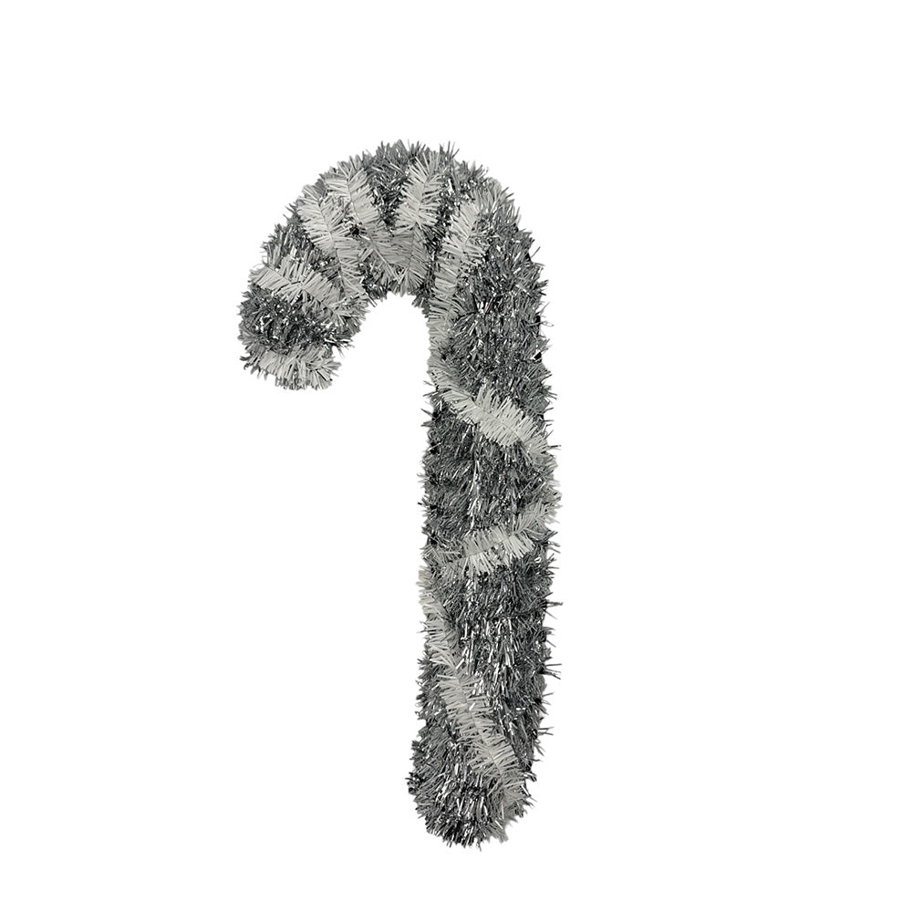 Χριστουγεννιάτικο Κρεμαστό Διακοσμητικό Μπαστουνάκι Ασημί - Λευκό Tinsel 40 εκ