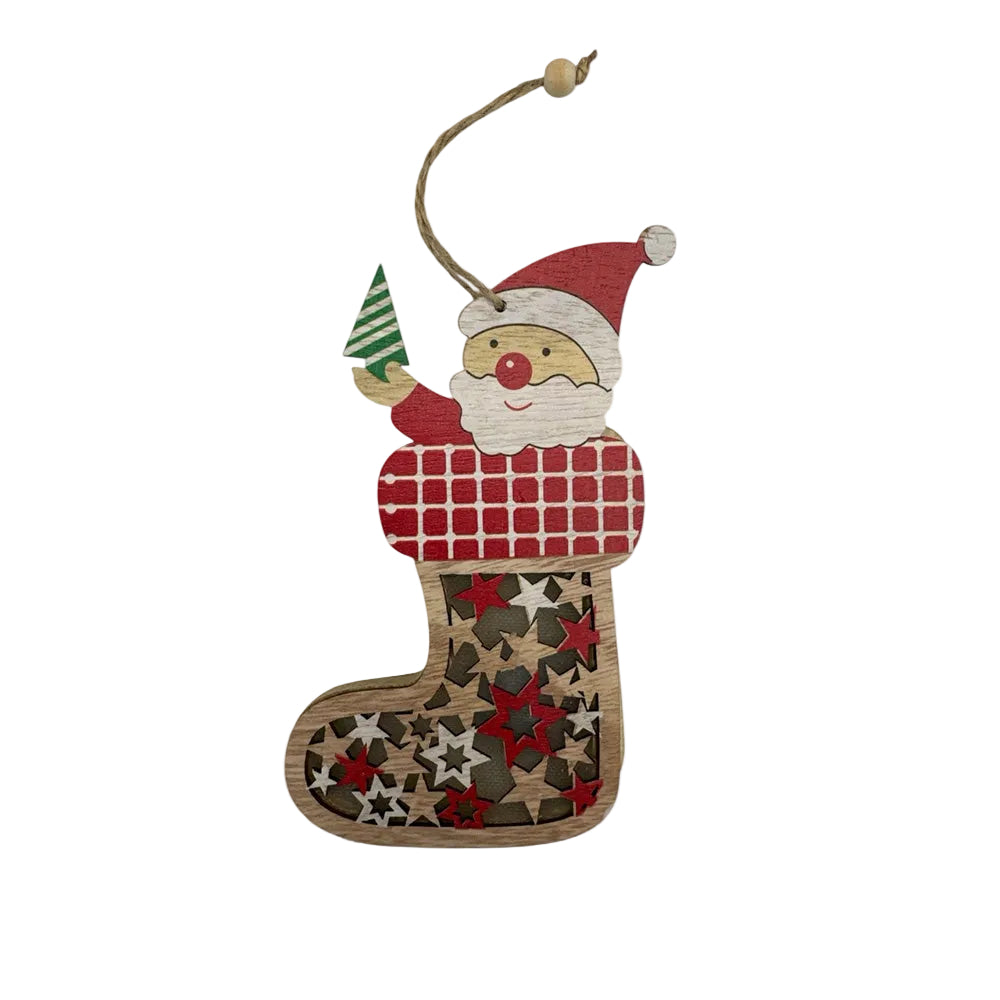 Χριστουγεννιάτικο Ξύλινο Στολίδι με Φως Μπότα με Άγιο Βασίλη – 15 εκ