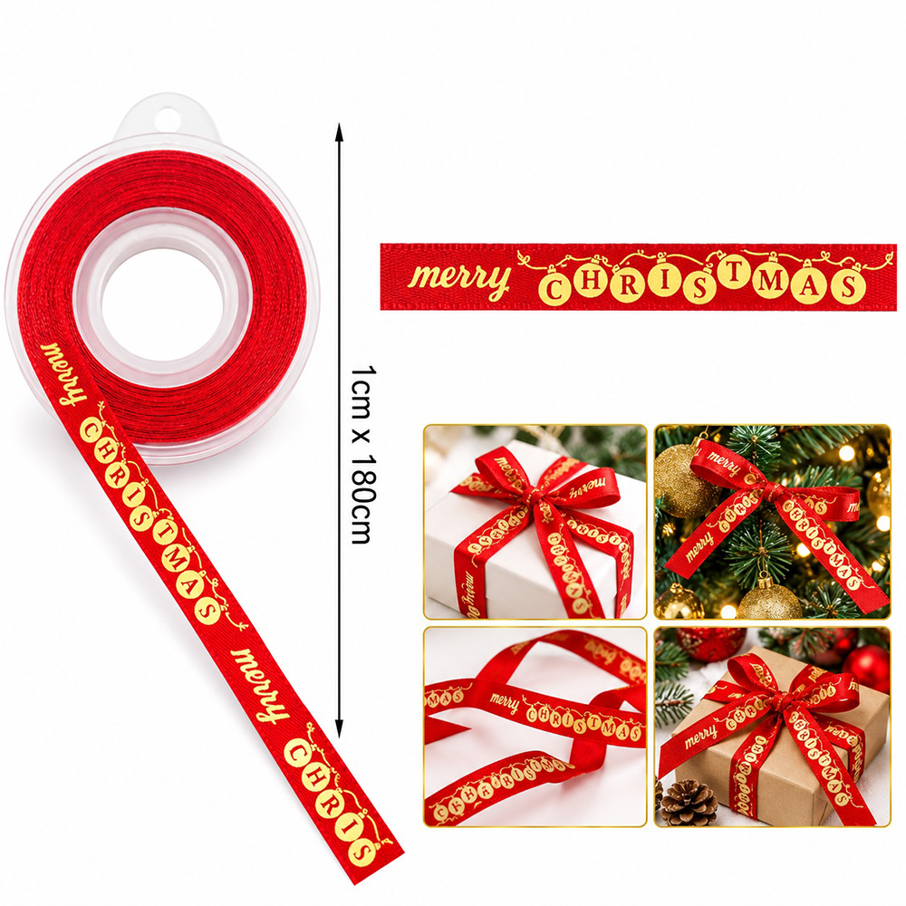Χριστουγεννιάτικη Κορδέλα Merry Christmas Κόκκινη με Χρυσή Επιγραφή 1 εκ. x 1,8m – 1 Ρολό