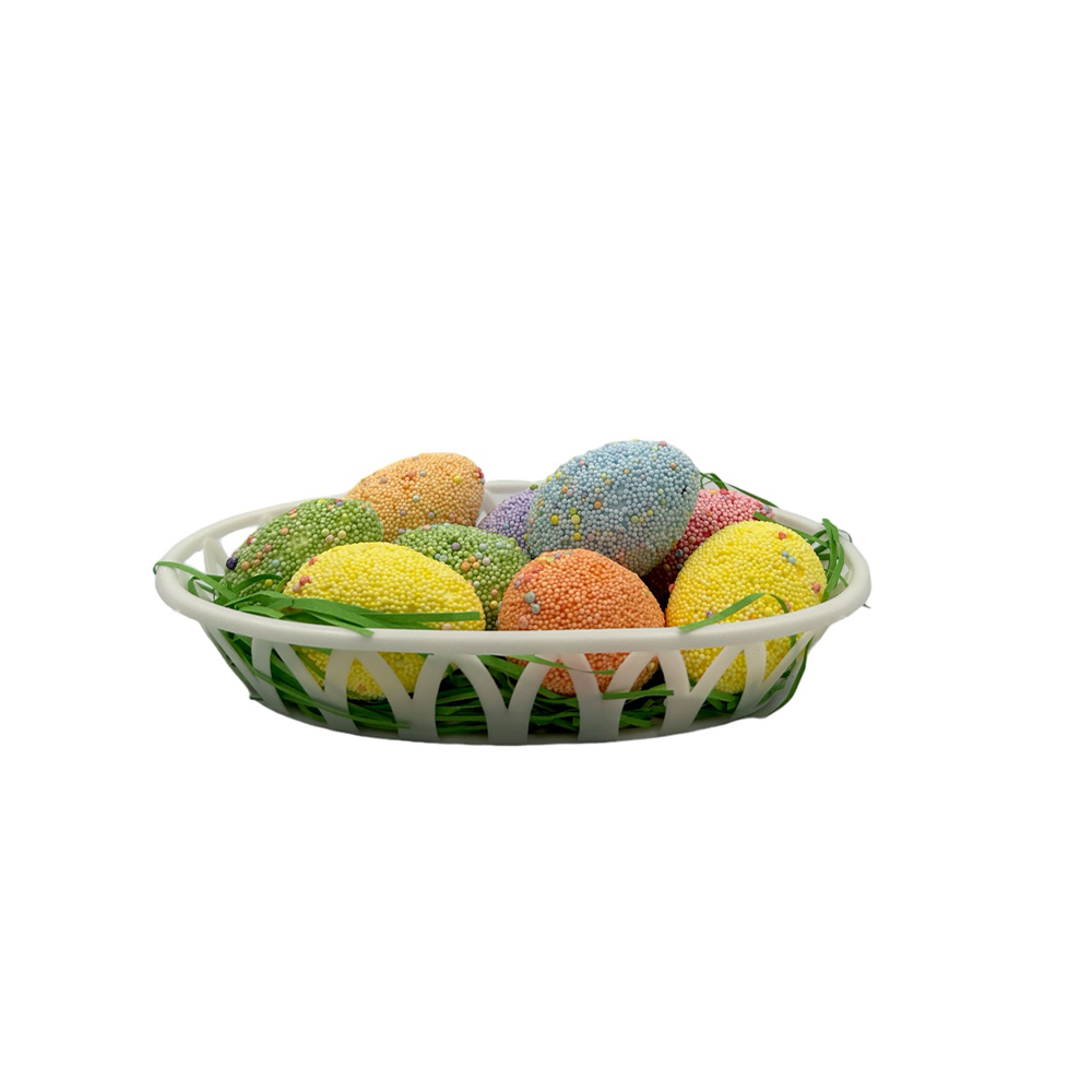 Καλαθάκι πλαστικό οβάλ με πράσινο χόρτο και 9 πολύχρωμα αυγά