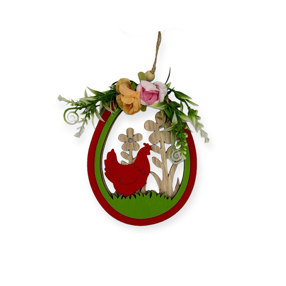 Πασχαλινό κρεμαστό ξύλινο διακοσμητικό κοτούλα με λουλουδάκια 3 χρώματα 14χ11 εκ