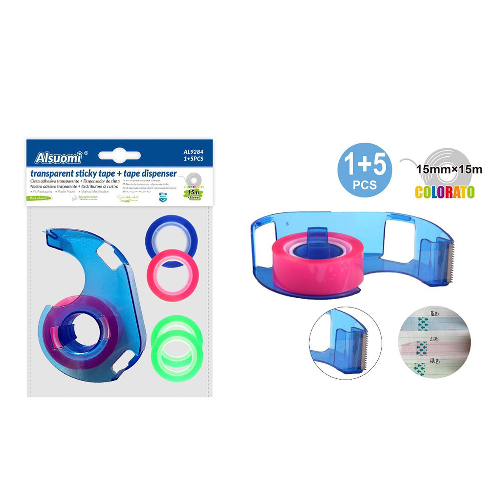 Alsuomi Διαφανής Κολλητική Ταινία Χρωματιστή 15mm x 15m με Βάση Dispenser Σετ 6 Τεμαχίων (1+5) 
