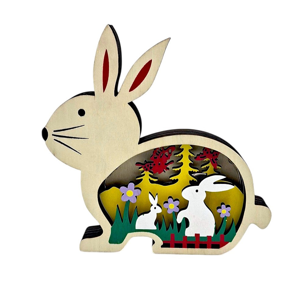 Διακοσμητικό Ξύλινο Πασχαλινό Κουνελάκι με Παράσταση 13,5x16 εκ με Φως