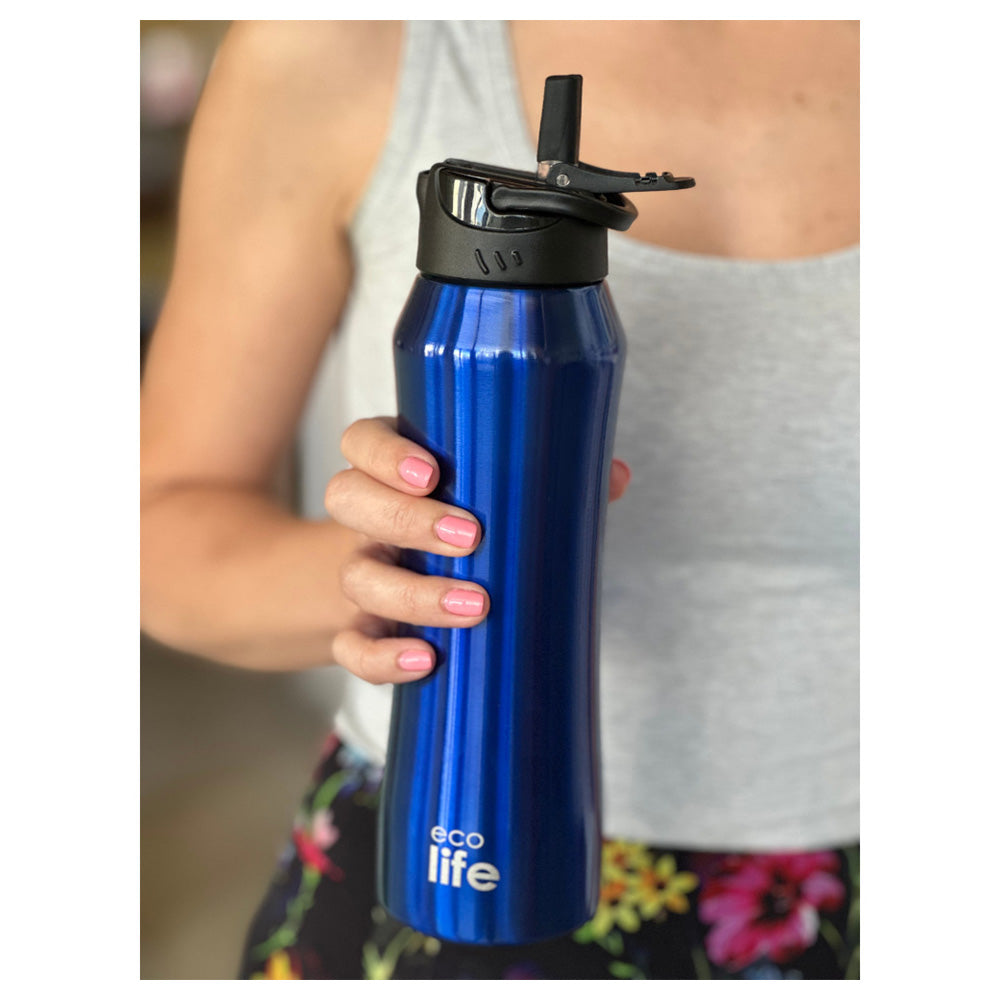 Ecolife Μεταλλικό Θερμός Μπλε με Καλαμάκι 550ml