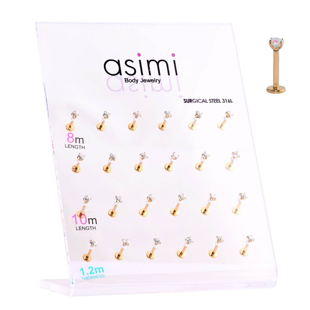 Asimi Επίχρυσο Σκουλαρίκι Χειλιού 8–10 mm με Ζιργκόν από Χειρουργικό Ατσάλι 316L - 1 Τμχ