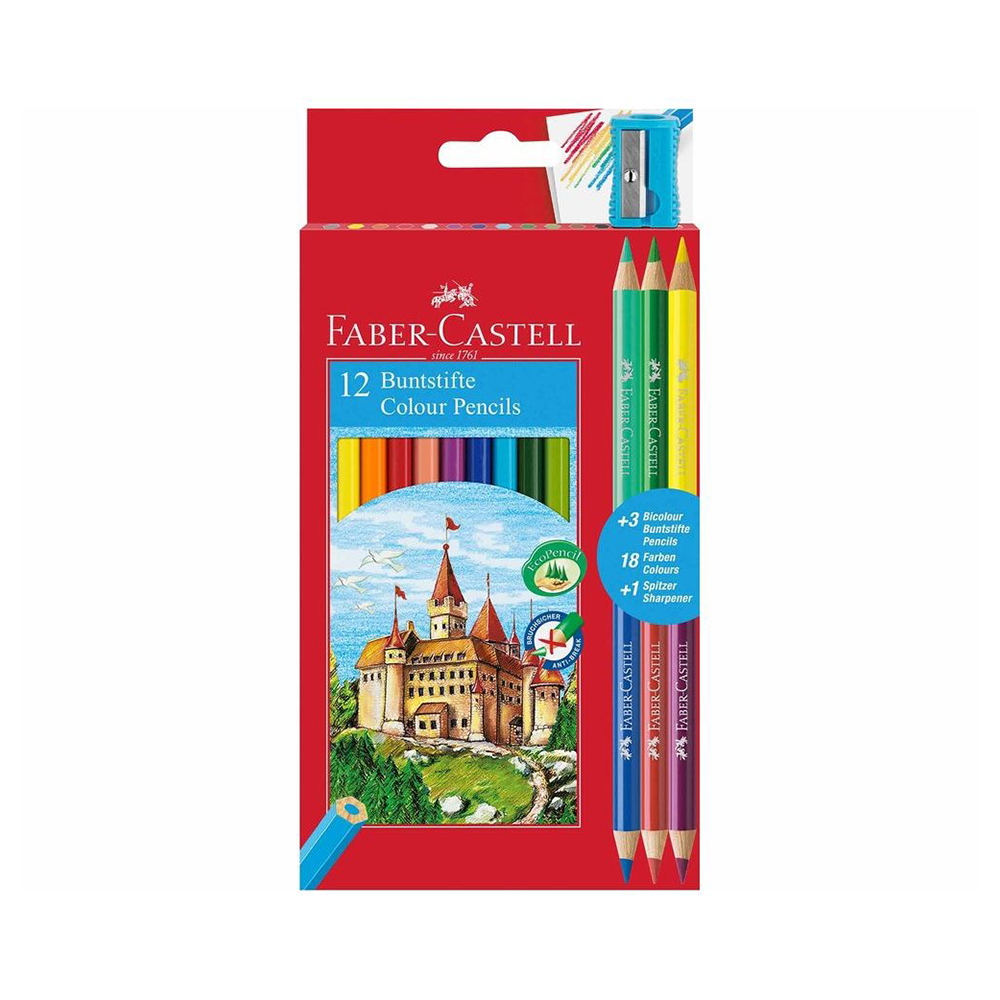 Faber-Castell Ξυλομπογιές Κάστρο Σετ 12 Χρώματα + 3 Δίχρωμες Ξυλομπογιές + Ξύστρα