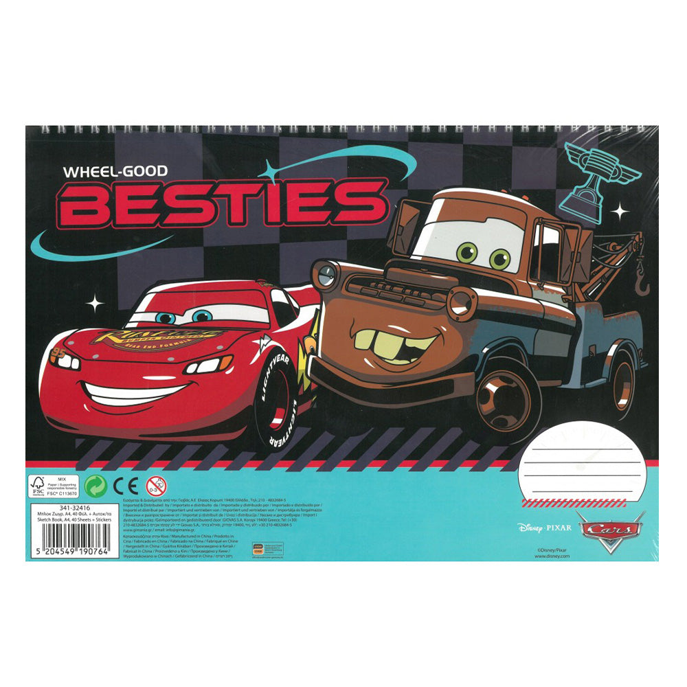 Gim Μπλοκ Ζωγραφικής με Αυτοκόλλητα Disney Cars 23x33 εκ 40 Φύλλα