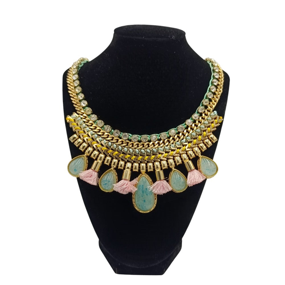 Γυναικείο Κολιέ Boho Glam Με Στρας & Ροζ Φουντίτσες