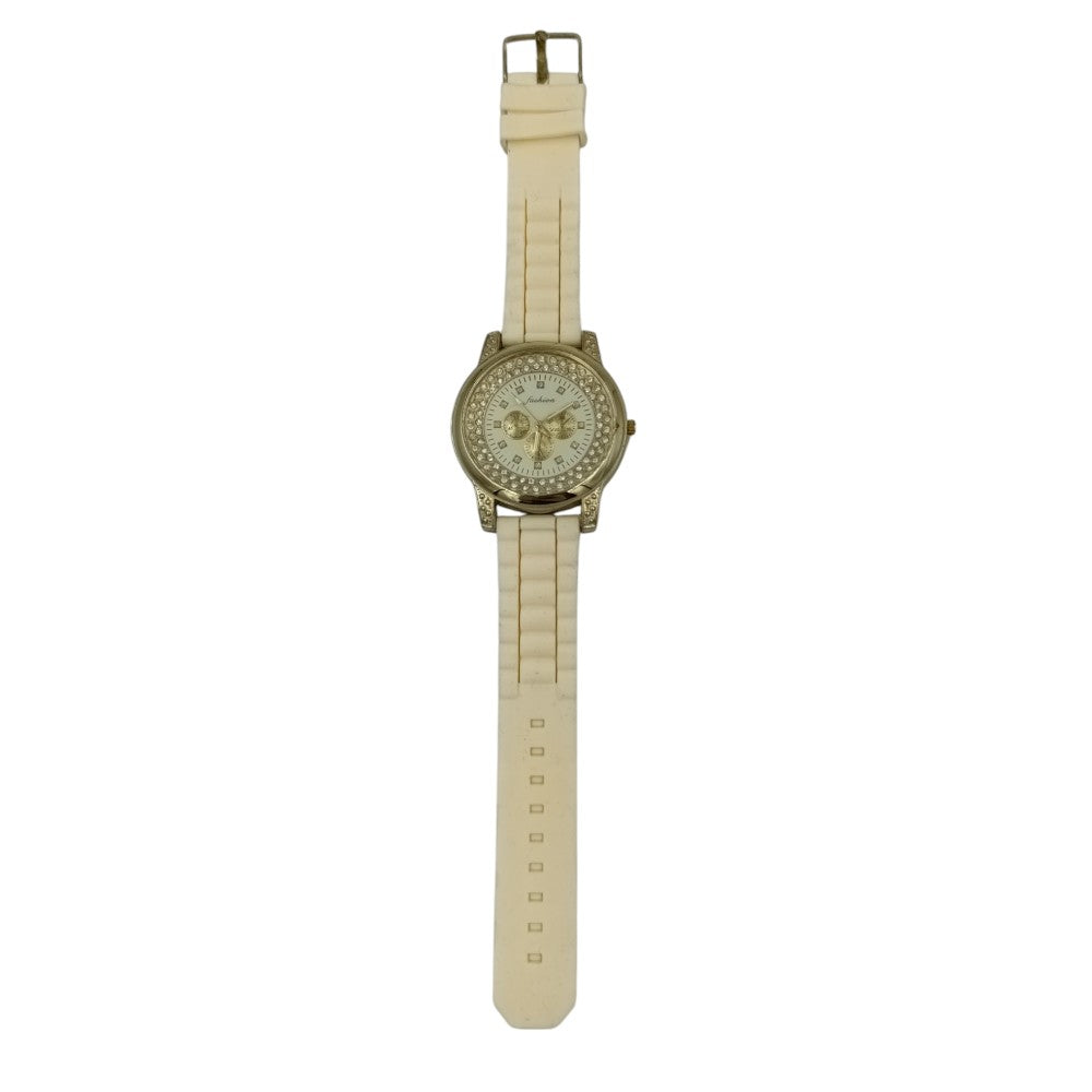 OEMΓυναικείο Ρολόι Με Καουτσούκ Λουράκι Μπεζ Και Χρυσές Λεπτομέρειεςpapell.gr