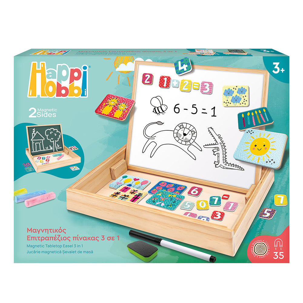 HappiHobbi Magnet Ξύλινος Μαγνητικός Επιτραπέζιος Πίνακας 2 Όψεων Με 35 Εκπαιδευτικούς Μαγνήτες