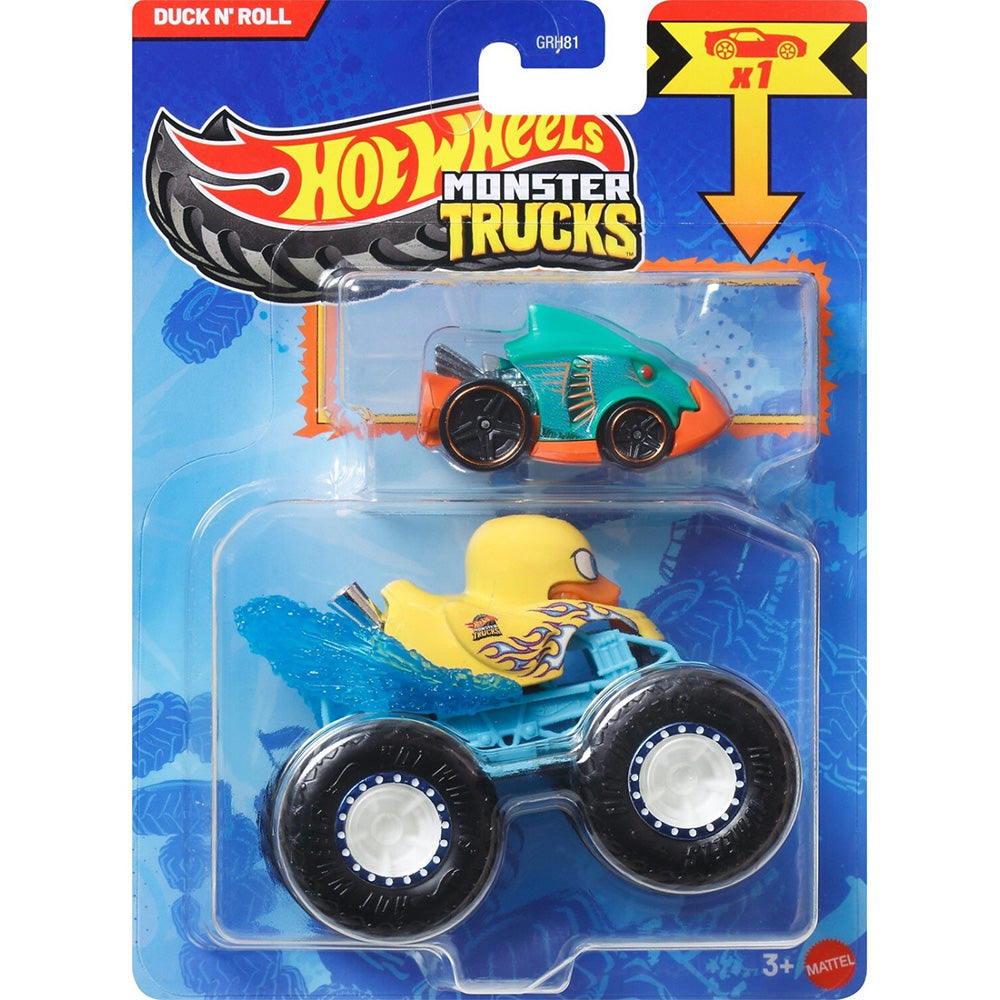 Hot Wheels Monster Truck & Car, 1:64 Scale Die-Cast Truck & Car (2 Vehicles) Duck And Roll 