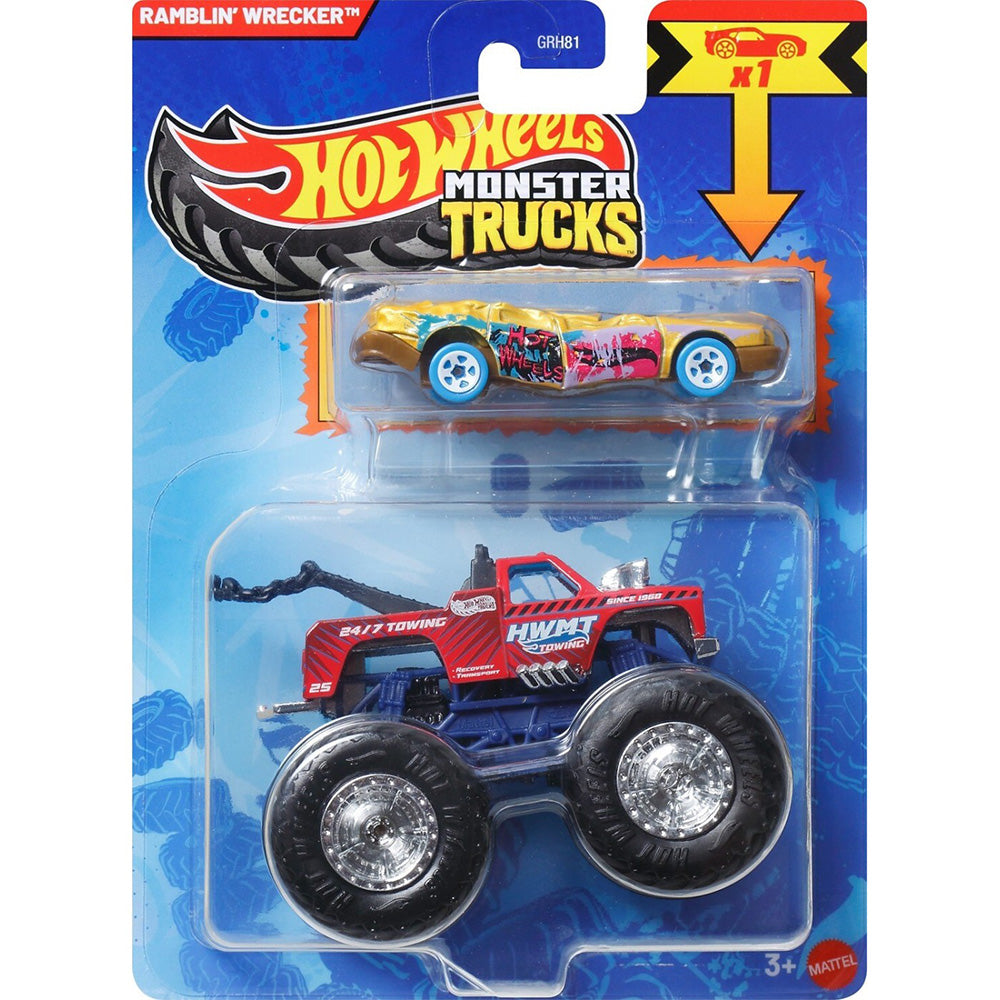 Hot Wheels Monster Truck & Car, 1:64 Scale Die-Cast Truck & Car (2 Vehicles) Ramblin Wrecker 