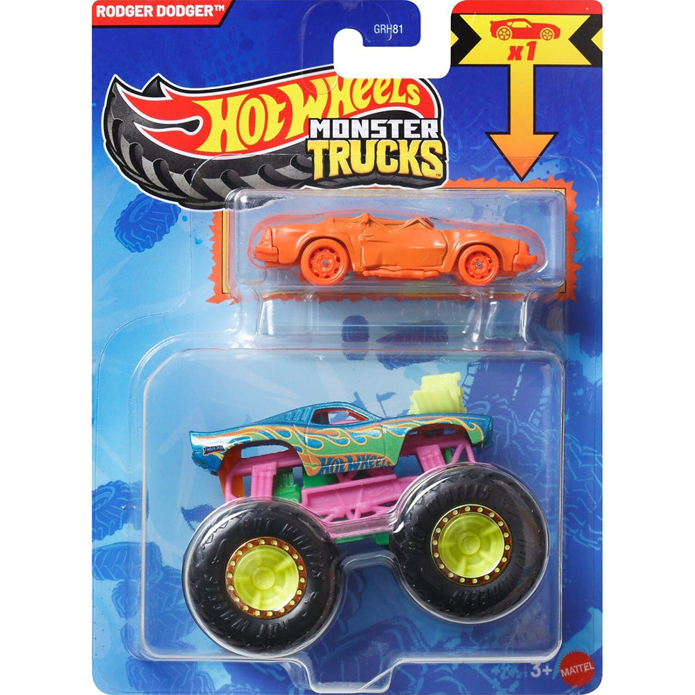 Hot Wheels Monster Truck & Car, 1:64 Scale Die-Cast Truck & Car (2 Vehicles) Rodger Dodger 
