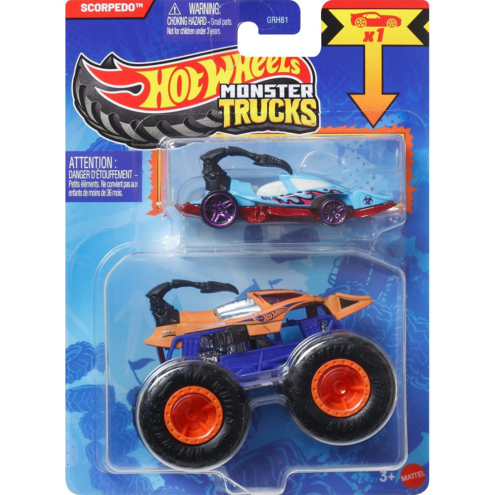 Hot Wheels Monster Truck & Car, 1:64 Scale Die-Cast Truck & Car (2 Vehicles) Scorpedo 