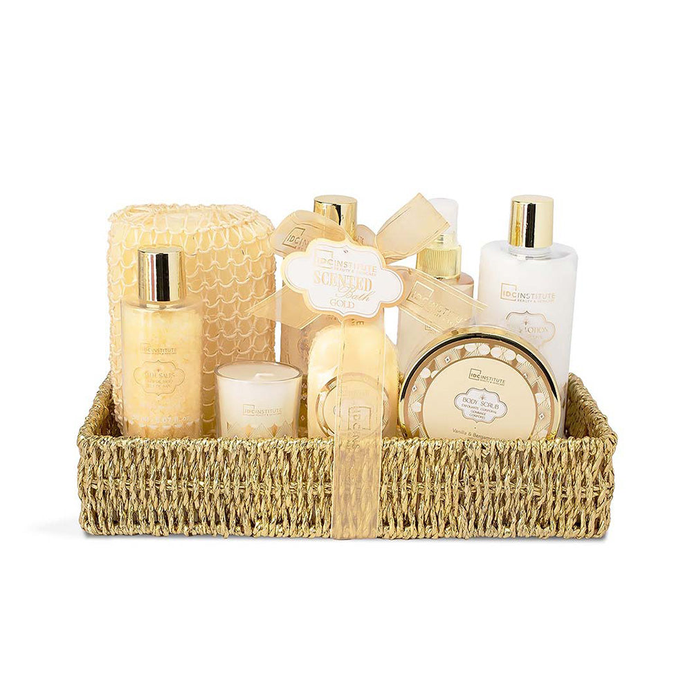 IDC Institute Scented Bath Gold Basket Set Vanilla & Bergamot – Σετ Δώρου & Περιποίησης 9 Τμχ
