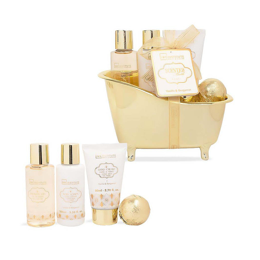 IDC Institute Scented Bath Gold Bath Tube Set Vanilla & Sandalwood – Σετ Μπάνιου 5 Τμχ